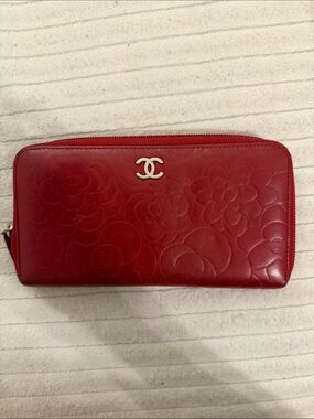 CHANEL Red Quilted Camellia Zip-Around Wallet with Silver CC